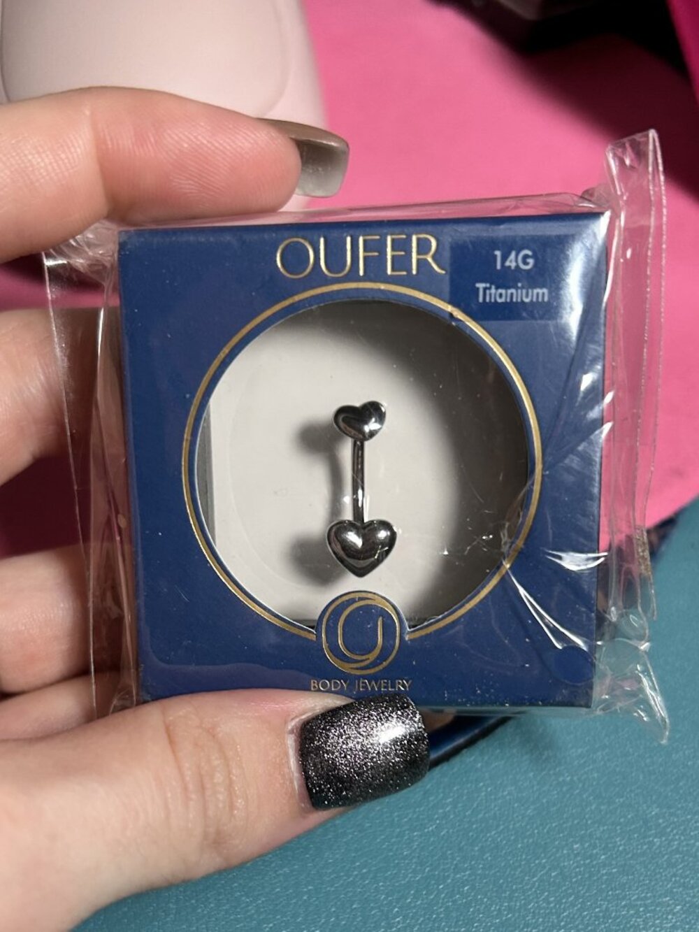 OUFER Body Jewelry 14G Titanium Double Heart Belly Button Ring NIB